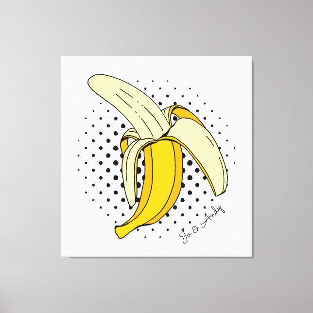 Popart Peeling Bananenfrucht auf Halftone Dots Leinwanddruck (Vorderseite)