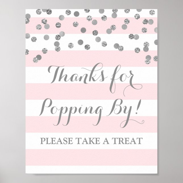 Popcorn Bar signieren Rosa Streifen Silver Confett Poster (Vorne)
