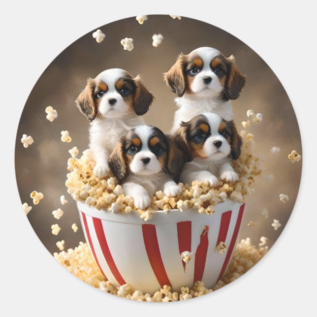 Popcorn Cavalier Spaniel Welpen, Runder Aufkleber (Vorderseite)