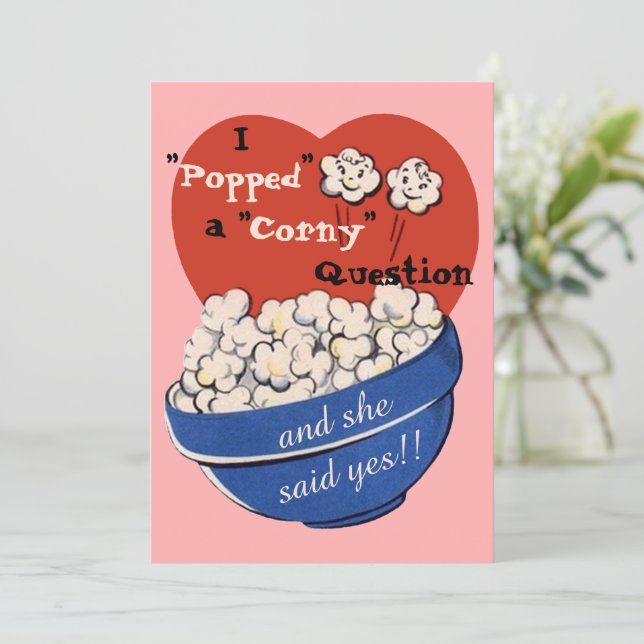 Popcorn Corny Frage, Niedlich Retro Save the Date Einladung (Stehend Vorderseite)