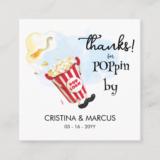  Popcorn Favor Card Thanks for Poppin By Quadratische Visitenkarte (Vorderseite)