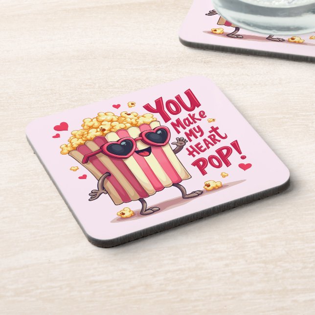 Popcorn Heart Pop Valentine Design Getränkeuntersetzer (Linke Seite)