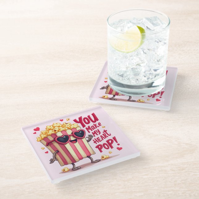 Popcorn Heart Pop Valentine Design Glasuntersetzer (Schrägansicht)