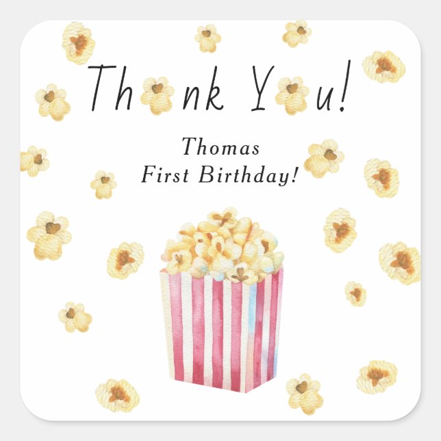 Popcorn Kindergeburtstag Party Vielen Dank Quadratischer Aufkleber (Vorderseite)