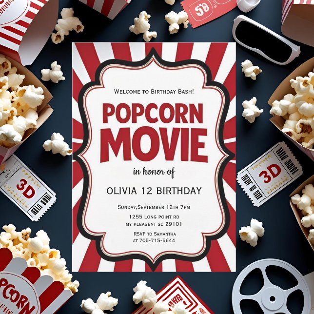 Popcorn Movie Night Birthday | Red Theater Party Einladung (Von Creator hochgeladen)