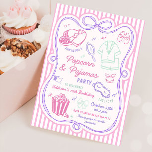 Popcorn-Pyjamas-Schlafparty-Schlafparty-Geburtstag Einladung