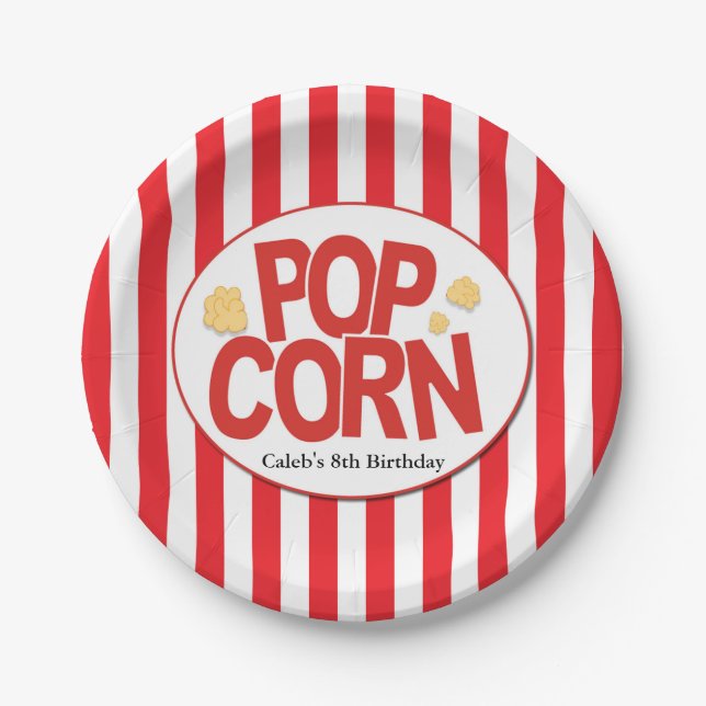 Popcorn Red & White Strip Movie Party Pappteller (Vorderseite)