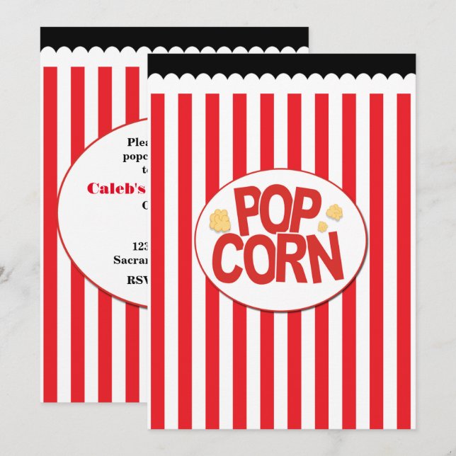 Popcorn-rote u. weiße Streifen-Film-Party Einladung (Vorne/Hinten)