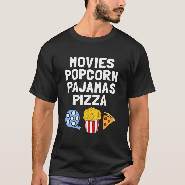 Popcorn-Süchtiger Filme Popcorn Pyjama Pizza T-Shirt (Vorderseite)