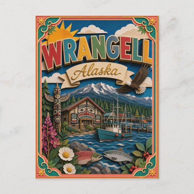 PopCut States Wrangell Alaska Papierkunst Postkarte (Vorderseite)