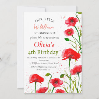 Poppies 4th Birthday Girl Red Floral Poppy Einladung