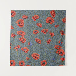 Poppies Blue Butterflies Wandteppich