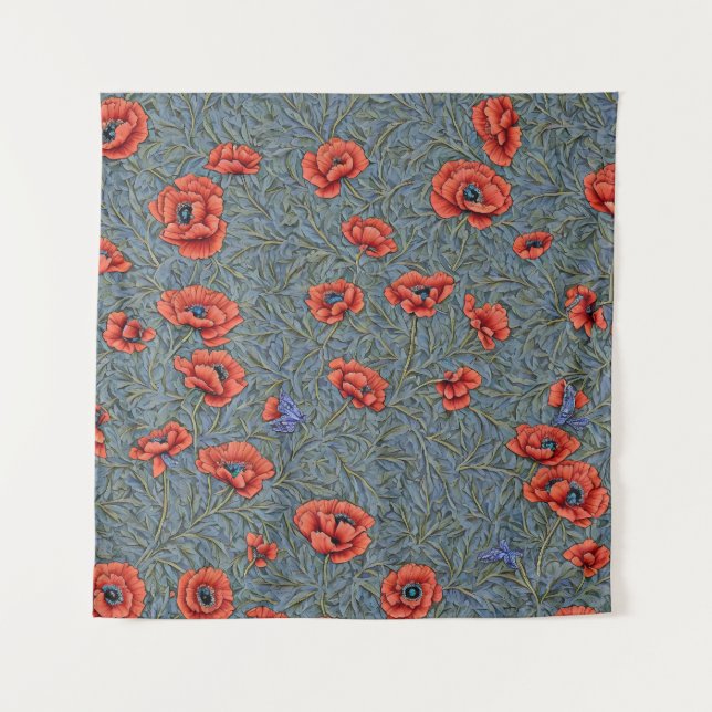 Poppies Blue Butterflies Wandteppich (Vorderseite)