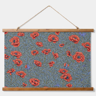 Poppies Blue Butterflies Wandteppich Mit Holzrahmen
