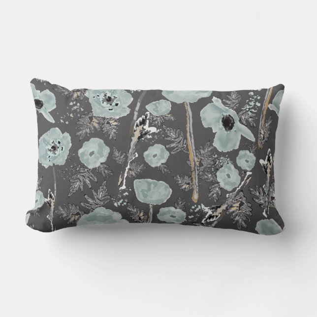 Poppies Blue Gray Black Watercolor Floral Muster Lendenkissen (Vorderseite)