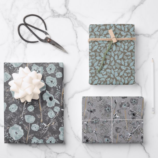 Poppies Blue Gray Gray Floral Pattern Geschenkpapier Set (Vorderseite)