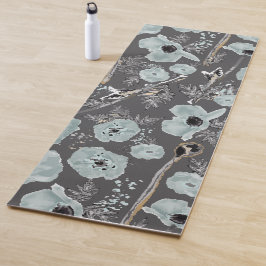 Poppies Blue Gray Holzkohle Wasserfarbene Flora Yogamatte
