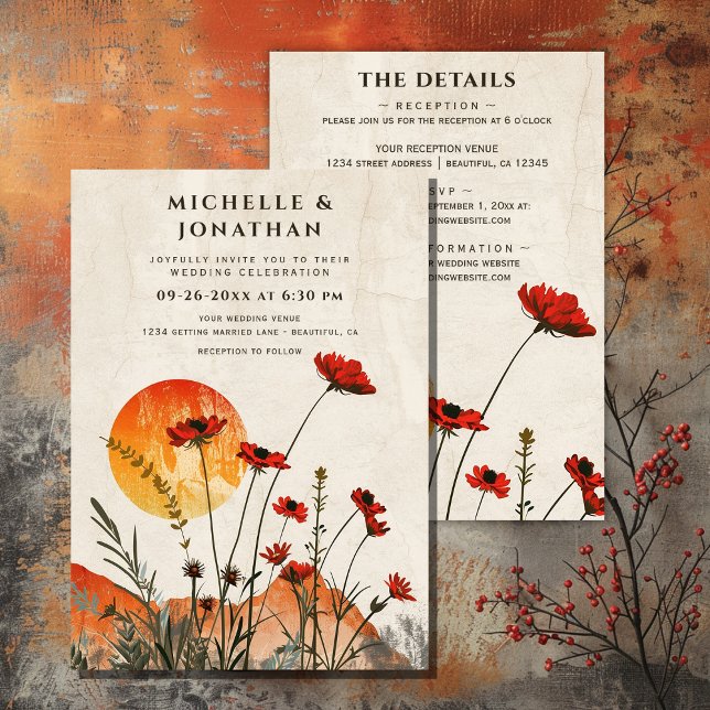 Poppies Boho Wildblumen Sunset All in One Wedding Einladung (Poppies Boho Wildflowers Sunset All in One Wedding Invitation)
