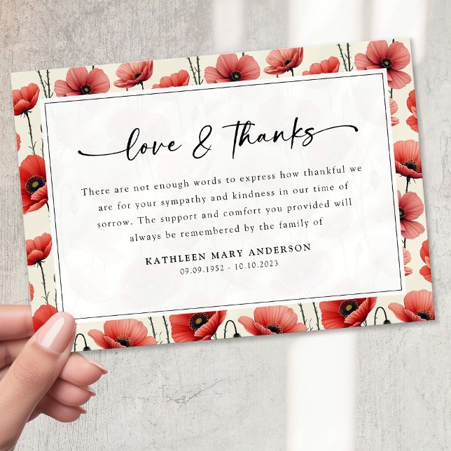 Poppies Floral Script Beileid Beuneral Dankeskarte (Von Creator hochgeladen)