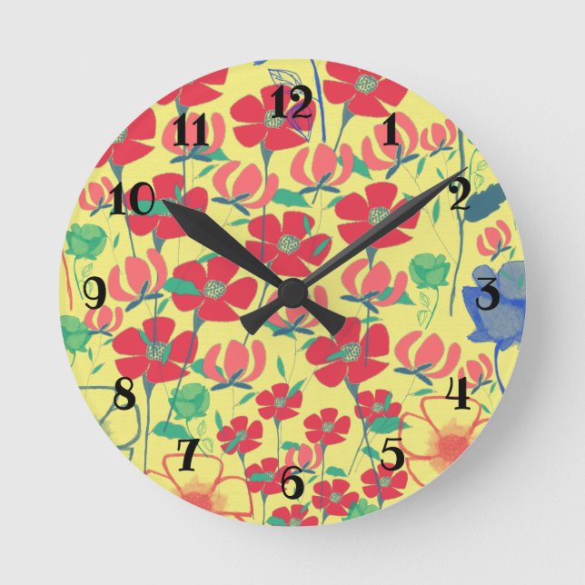 Poppies Garden Yellow Wall Clock Runde Wanduhr (Vorderseite)