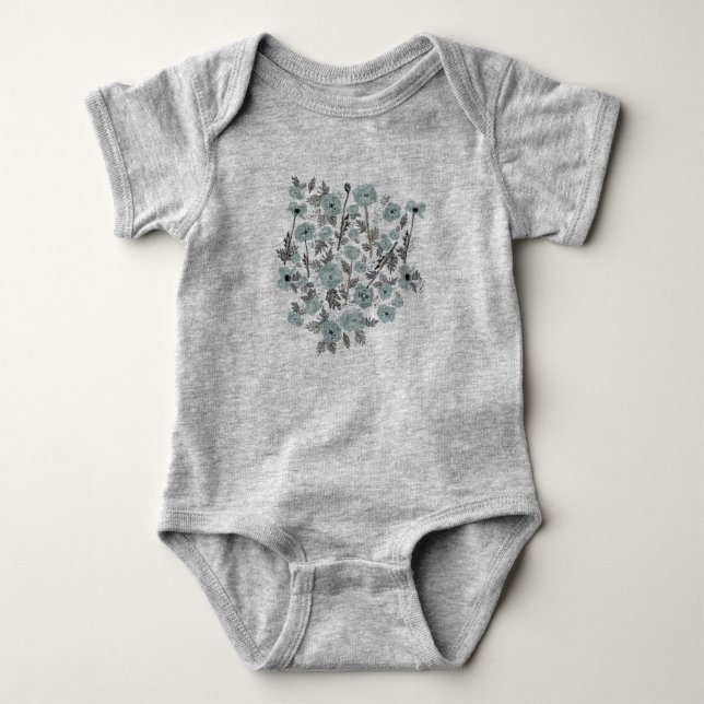 Poppies Gray Blue Flowers Baby Strampler (Vorderseite)