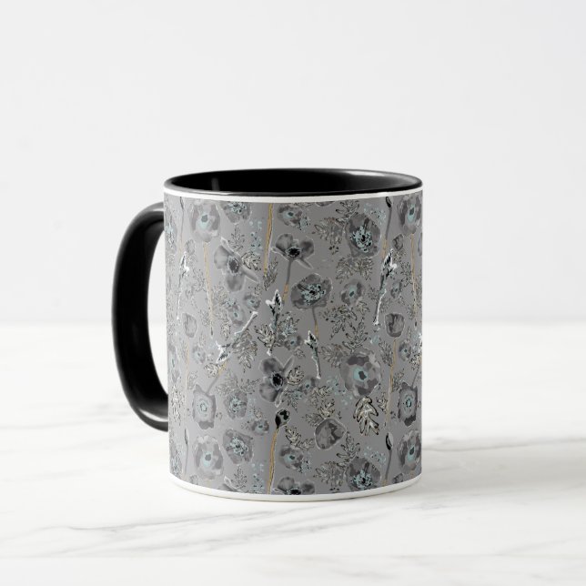Poppies Gray Light Blue Watercolor Floral Tasse (Vorderseite Links)