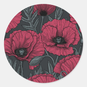 Poppies in Viva Magenta Runder Aufkleber