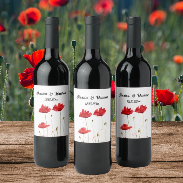 Poppies Poppy Rote Blüte Wasserfarben Hochzeiten Weinetikett (Von Creator hochgeladen)