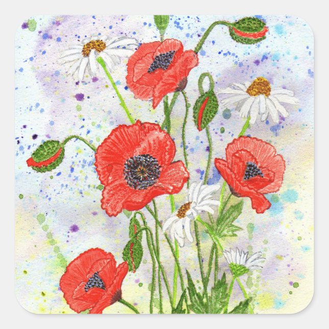 "Poppies" Quadratischer Aufkleber (Vorderseite)