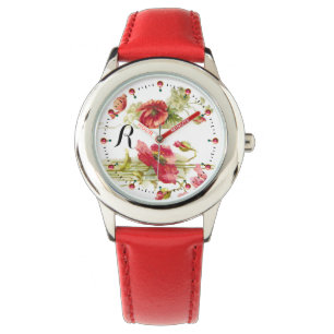 POPPIES Red White Floral Monogram Armbanduhr