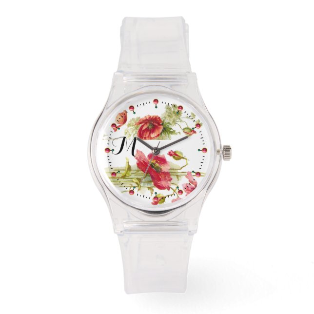 POPPIES Red White Floral Monogram Armbanduhr (Vorderseite)