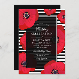 Poppies & Stripes - Black & Red Wedding Einladung