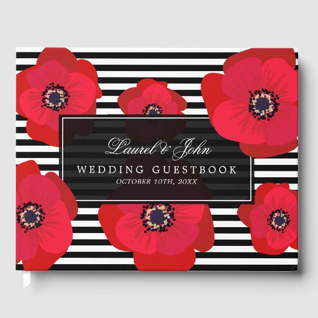 Poppies & Stripes - Schwarz & Rot Hochzeit Gästebuch (Vorderseite)