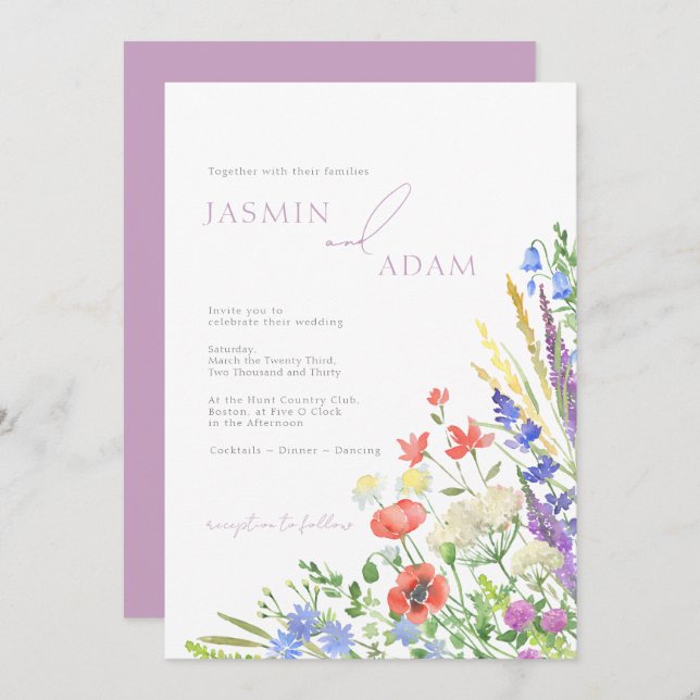 Poppies und Wildblumen Lavender Monogram Wedding Einladung (Vorne/Hinten)