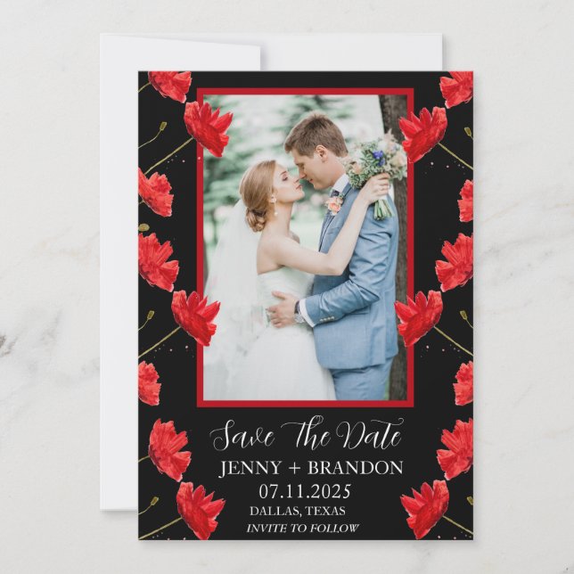 Poppies Watercolor Elegantes Rotes Foto Save The Date (Vorderseite)