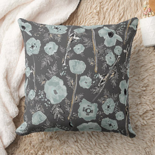 Poppies Watercolor Floral Blue Black Blume Kissen