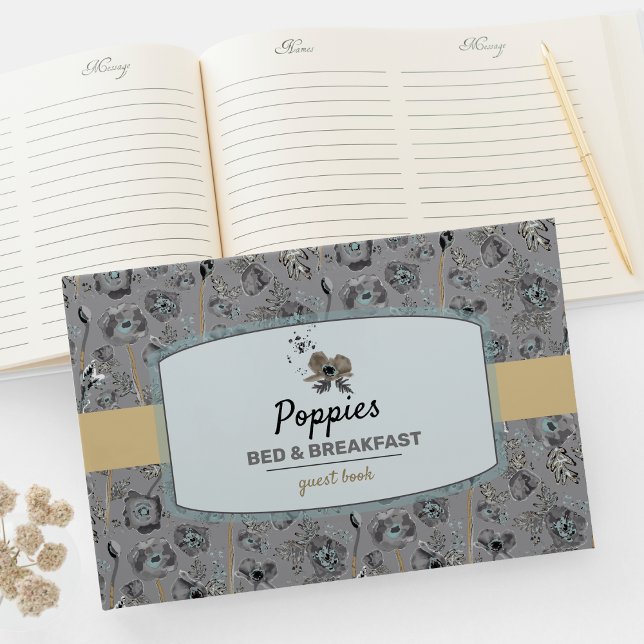 Poppies Watercolor Floral Pattern Gästebuch (Poppies Gray Light Blue Watercolor Floral Pattern Guest  Book from Jenn Steffen Studio Posies
)