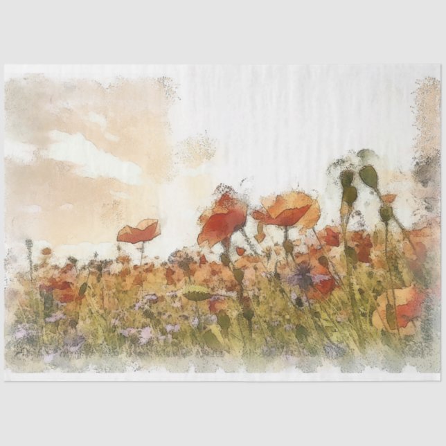Poppies Watercolor Landscape Decoupage Seidenpapier (Vorderseite)