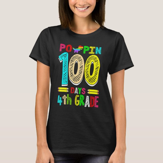 Poppin 100 Days 4th Grade Dinosaur Primary School  T-Shirt (Vorderseite)