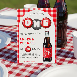Poppin in One Soda Kariert Red 1. Geburtstag Party Einladung