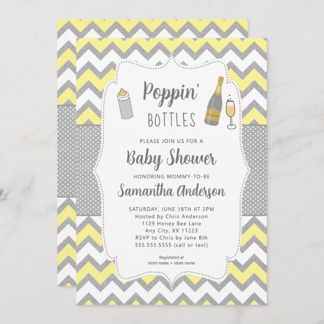 Poppin's Flaschen Gelbe Graue Babydusche Einladung (Vorne/Hinten)