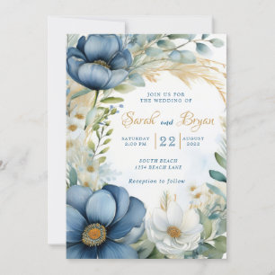 Poppy Blue White Floral Boho Hochzeit Einladung