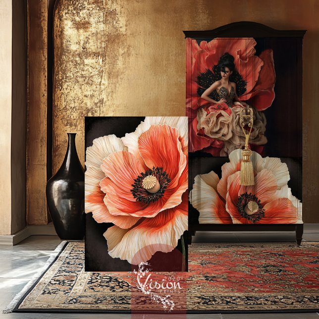 Poppy Blume Macro Nah bis Rote Koralle und Schwarz Seidenpapier (Luxe Blooms, Poppy Flower, Macro Close-up, Coral Red, black and beige, decoupage tissue paper.)