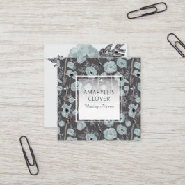 Poppy Charcoal Blue Grau Schwarze Wasserfarbenflor Quadratische Visitenkarte