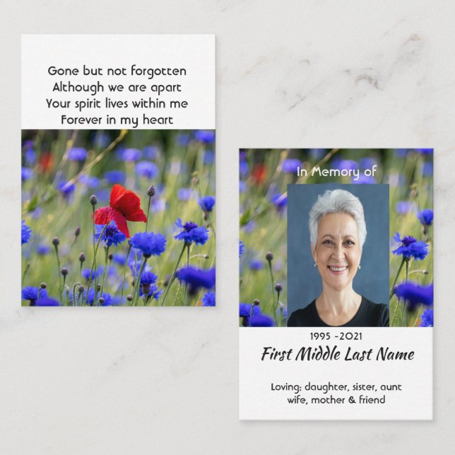 Poppy Cornflower Meadow  Memorial Pocket Keepsake Visitenkarte (Vorne/Hinten)