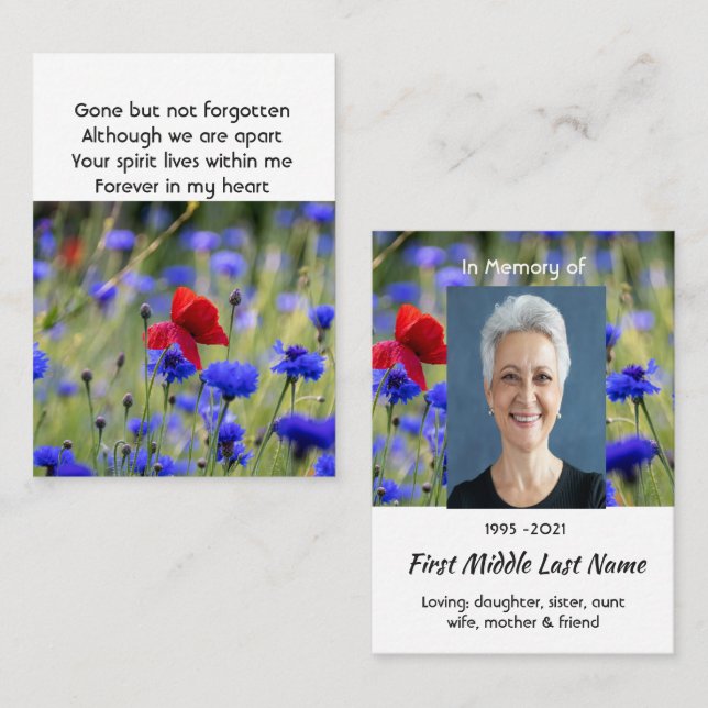 Poppy Cornflower Meadow  Memorial Pocket Keepsake Visitenkarte (Vorne/Hinten)