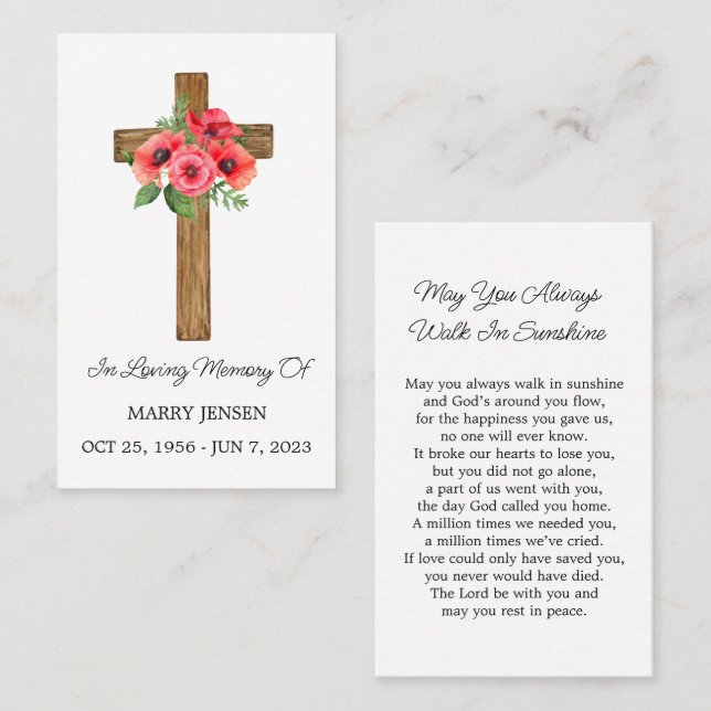 Poppy Cross Memorial Funeral Prayer Card Visitenkarte (Vorne/Hinten)