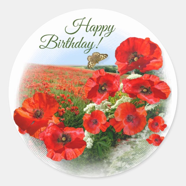 POPPY FIELD Happpy Birthday Classic Round Sticker (Vorderseite)