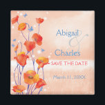 Poppy Field Wedding Save the Date Magnet<br><div class="desc">Süße rote Mohn & blaue Schmetterlinge auf der Wiese illustriert auf der eigenen Hochzeit Save the Date Magnete. Die eleganten und einzigartigen Einladungsmagnete sind perfekt für Ihr SPRING MEADOW WEDDING | BOHO WEDDING | RED & SALMON FARBE PALETTE WEDDING oder LOVELY POPPY THEMED WEDDING! Der gesamte Beispieltext kann vollständig mit...</div>