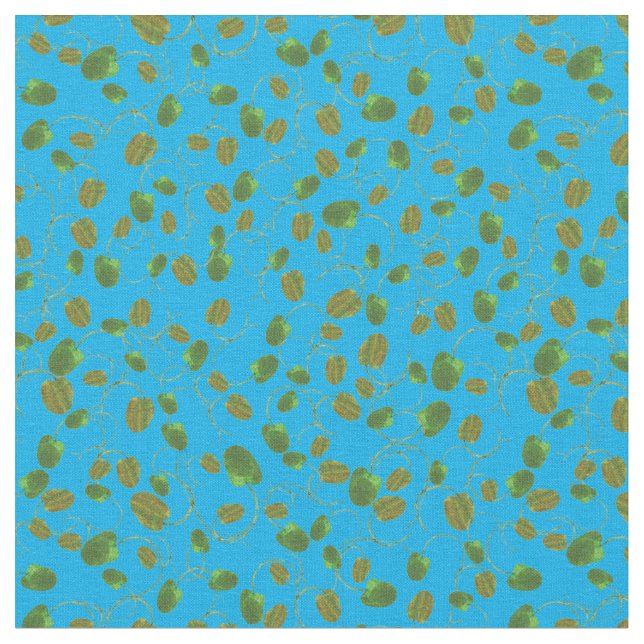 Poppy Fields Green Buds auf Sky Blue Custom Fabric Stoff (Nahaufnahme)